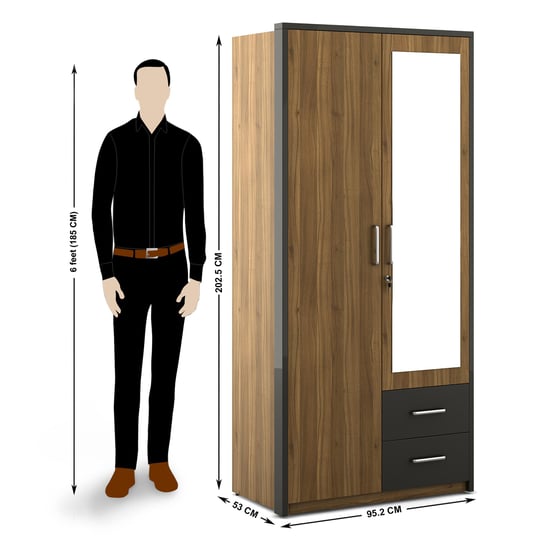 Quadro 2-Door Wardrobe with Mirror - Brown
