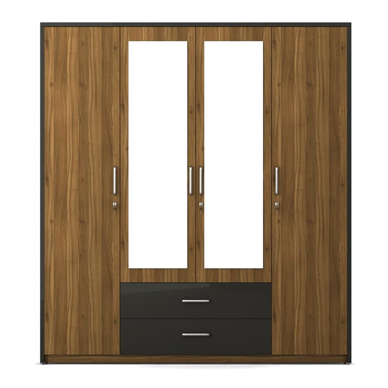 Quadro 4-Door Wardrobe with Mirror and Drawer - Brown