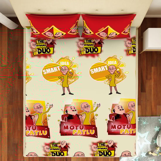 SPACES Viacom Motu Patlu Printed 3-Piece  Bedsheet Set - 228 x 274 cm
