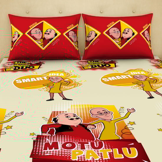 SPACES Viacom Motu Patlu Printed 3-Piece  Bedsheet Set - 228 x 274 cm