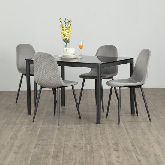 Allen Glass Top 4-Seater Dining Set with Chairs - Black and Grey