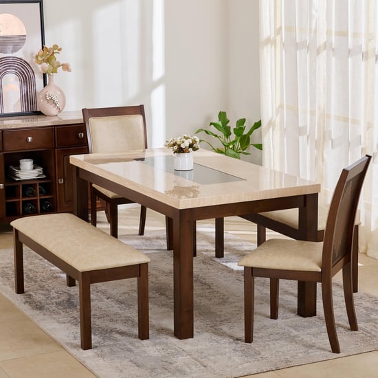 Harmony Sia Faux Marble Top 6-Seater Dining Set with Chairs and Benches - Beige