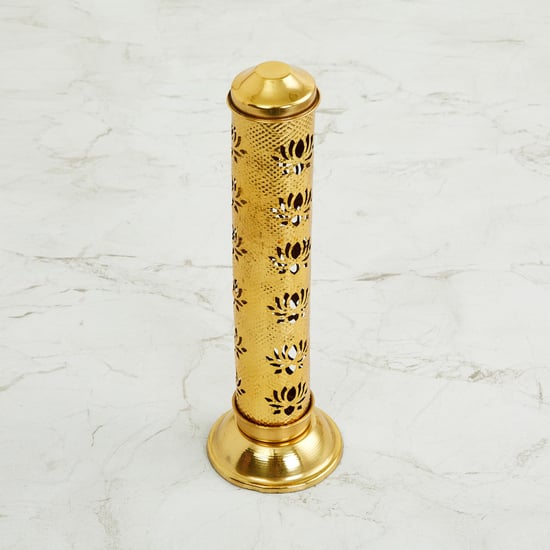 Serenity Gold Metal Agarbati Stand with Lotus Cutwork  - 8 cm x 26 cm