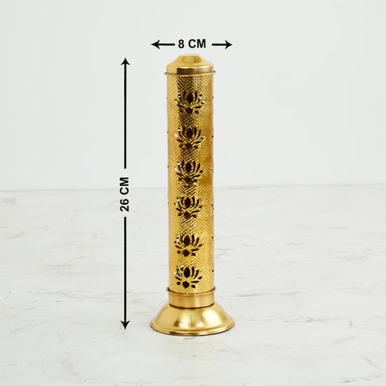 Serenity Gold Metal Agarbati Stand with Lotus Cutwork  - 8 cm x 26 cm