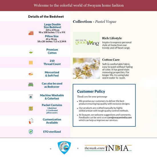 SWAYAM Pastel Vogue  3-Pc. Double Bedsheet  Set - 228 x 274 cm