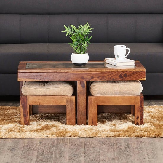 Helios Rover Sheesham Wood Coffee Table with Stools - Brown