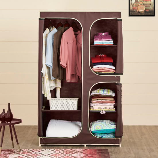 Helios Elante Brown Fabric Collapsible Three-Door Wardrobe With Six Shelves