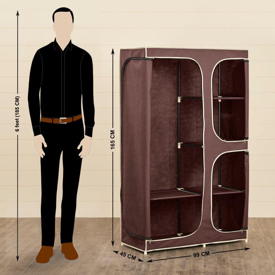 Helios Elante Brown Fabric Collapsible Three-Door Wardrobe With Six Shelves