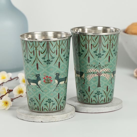 INDIA CIRCUS Mirroring Deer Garden Printed Steel Tumbler- Set of 2