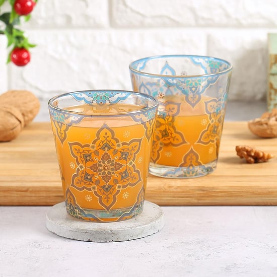 INDIA CIRCUS Printed Classic Floral Star Glass Tumbler- Set of 2