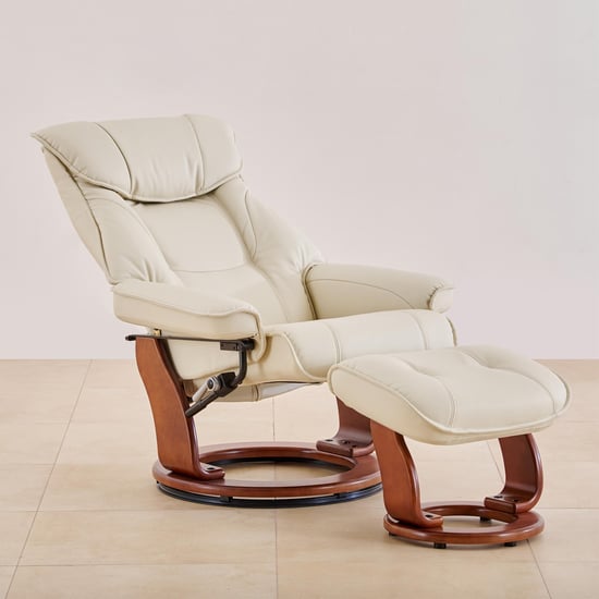 Silas Vanilla Faux Leather 1-Seater Revolving Recliner with Footstool - Off-White