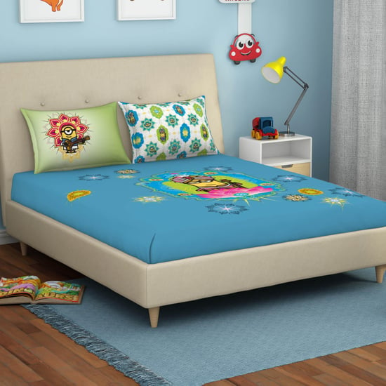 SPACES Universal Masala Minions - Blue Printed Double Bedsheet Set-3Pcs