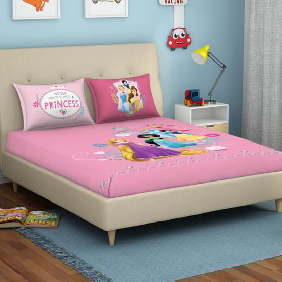 SPACES Disney Princess Pink Printed Cotton Double Bedsheet Set- 3 pcs