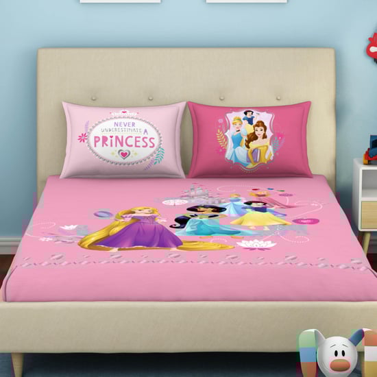 SPACES Disney Princess Pink Printed Cotton Double Bedsheet Set- 3 pcs