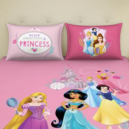 SPACES Disney Princess Pink Printed Cotton Double Bedsheet Set- 3 pcs