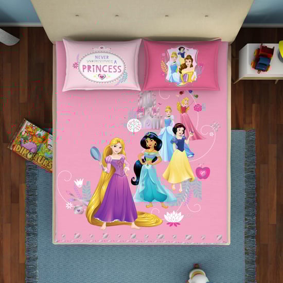 SPACES Disney Princess Pink Printed Cotton Double Bedsheet Set- 3 pcs
