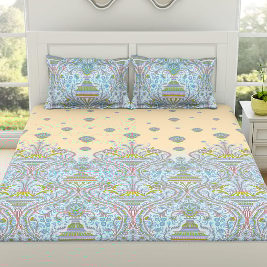 SPACES Air Purifying Elegantly Ethnic Printed Cotton 3Pcs King Fitted Sheet Set