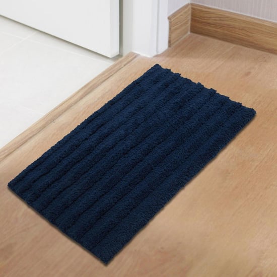 Spaces Large Size Swift Dry Blue Textured Cotton Bath Mat - 50X80Cm