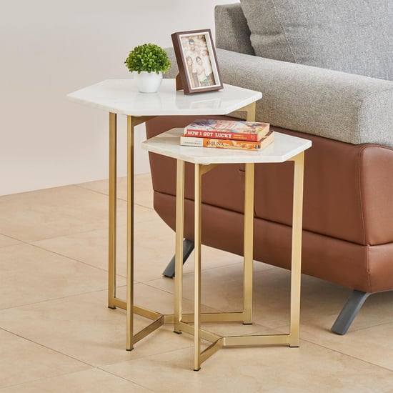 Helix Marble Top Nest of 2 Tables - Gold