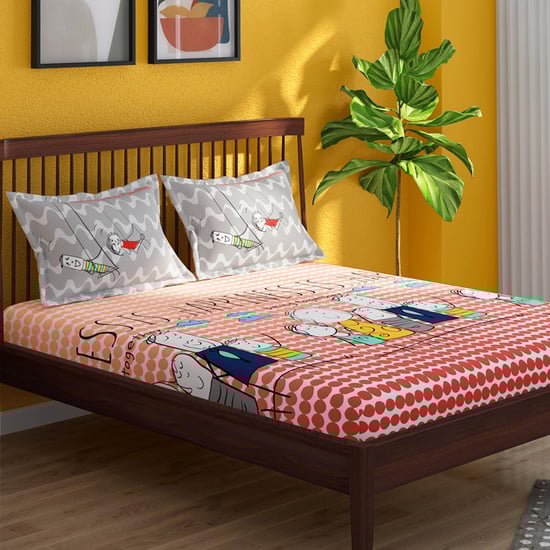 PORTICO Happiness Is Multicolored Printed Cotton Super King Size Bedsheet Set - 274x274cm - 3Pcs