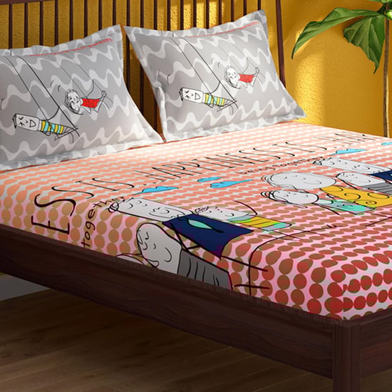PORTICO Happiness Is Multicolored Printed Cotton Super King Size Bedsheet Set - 274x274cm - 3Pcs