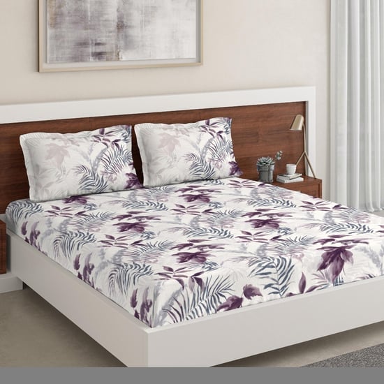 D'DECOR Elemental Purple Printed Cotton King Bedsheet Set - 228x274cm - 3Pcs