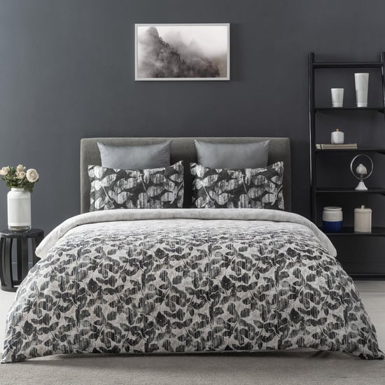 D'DECOR Slate Grey Printed Cotton Super King Bedsheet Set - 274x274cm - 3Pcs