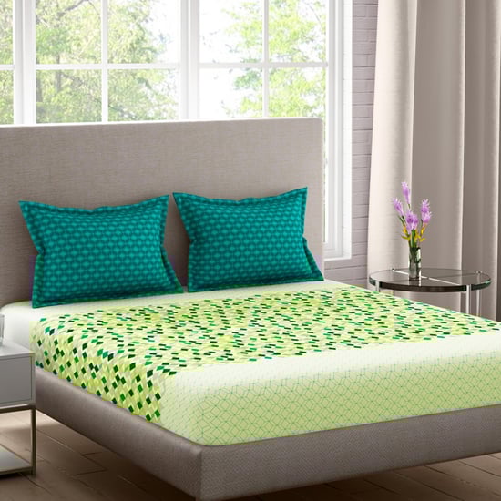 STELLAR HOME Tulip Green Printed Cotton Queen Bedsheet Set - 3Pcs - 224x240cm