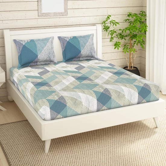 SPACES Essentials Blue Geometric Printed Cotton Super King Bedsheet Set - 274x274cm - 3Pcs