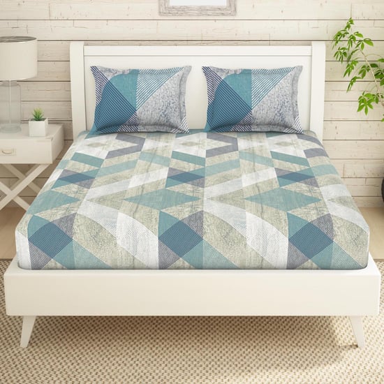 SPACES Essentials Blue Geometric Printed Cotton Super King Bedsheet Set - 274x274cm - 3Pcs