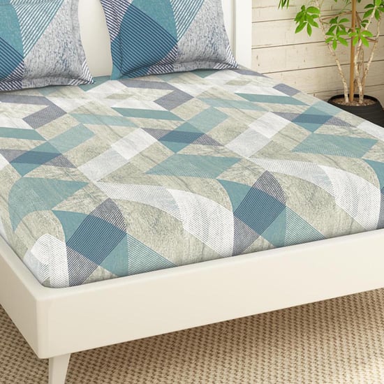 SPACES Essentials Blue Geometric Printed Cotton Super King Bedsheet Set - 274x274cm - 3Pcs