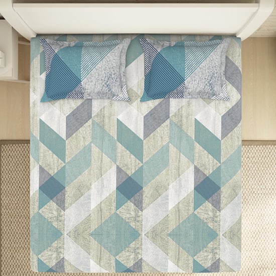 SPACES Essentials Blue Geometric Printed Cotton Super King Bedsheet Set - 274x274cm - 3Pcs