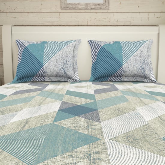 SPACES Essentials Blue Geometric Printed Cotton Super King Bedsheet Set - 274x274cm - 3Pcs