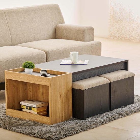 Kiro Coffee Table with Stools - Black and Brown