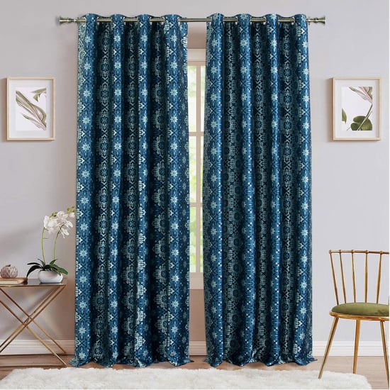 DECO WINDOW Stock Fabric Jayanita Blue Printed Semi-Blackout Door Curtains with Hanging Rod Eyelets - 37x30cm - Set of 2