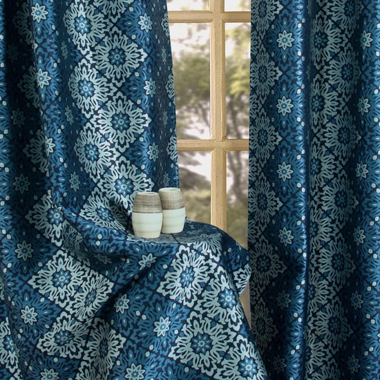 DECO WINDOW Stock Fabric Jayanita Blue Printed Semi-Blackout Door Curtains with Hanging Rod Eyelets - 37x30cm - Set of 2