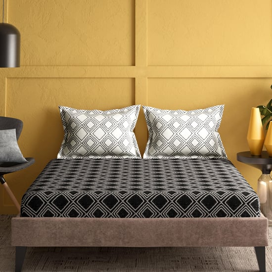 PORTICO Marvella Black Cotton Queen Bedsheet Set - 224x254cm - 3Pcs