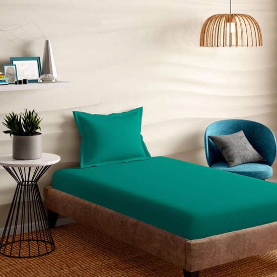 PORTICO Shades Teal Cotton Single Bedsheet Set - 150x224cm - 2Pcs