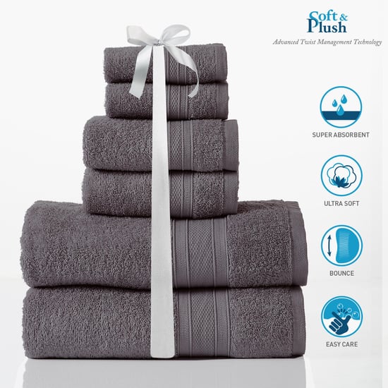 TRIDENT Soft and Plush Grey Textured Cotton Towel - Set of 6