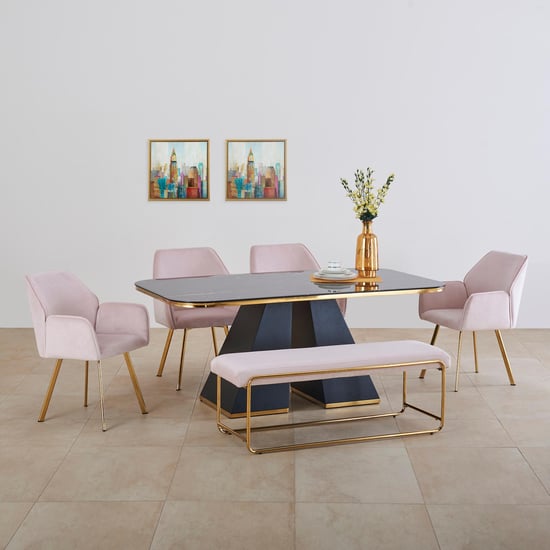 Monarch Black and Pink Glass Top 6- Seater Dining Table Set with 4 Chairs and 1 Bench