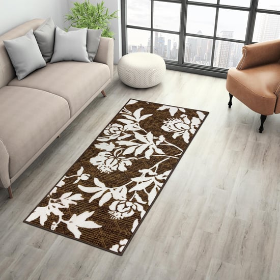 SPACES Unwinders Brown Floral Printed Anti-Skid Nylon Rug - 57x140cm