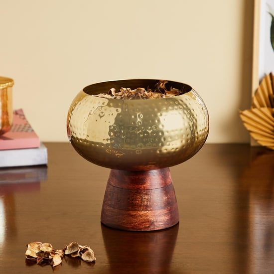 Gold Rush Metal Hammered Potpourri Bowl with Wooden Base