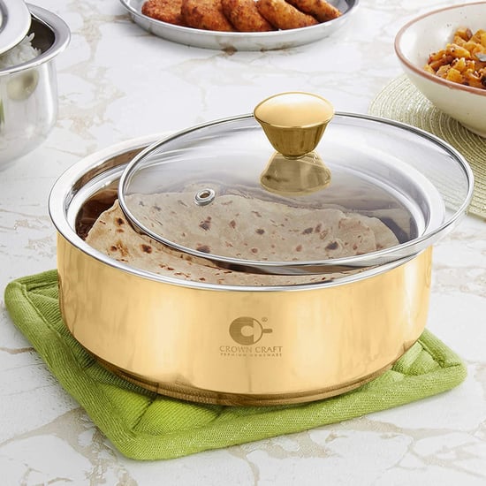 CROWN CRAFT Roti Server Gold Stainless Steel Server with Glass Lid - 1100ml