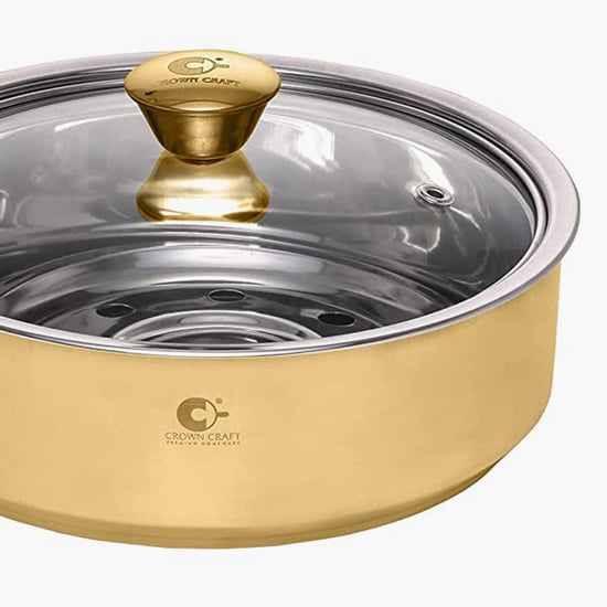 CROWN CRAFT Roti Server Gold Stainless Steel Server with Glass Lid - 1100ml