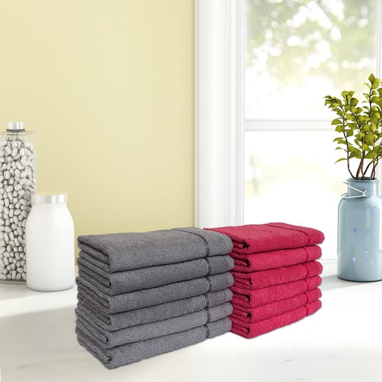 SPACES Seasons Grey and Red Textured Cotton Hand Towel - 40X60 cm - Set of 12