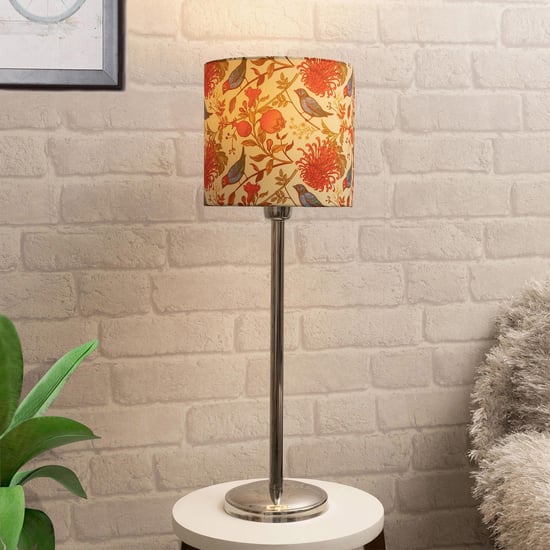 HOMESAKE Beige And Red Steel Floral Printed Electric Table Lamp With Shade