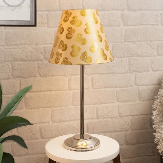 HOMESAKE Gold Steel Table Lamp With Peacock Printed Linen Shade