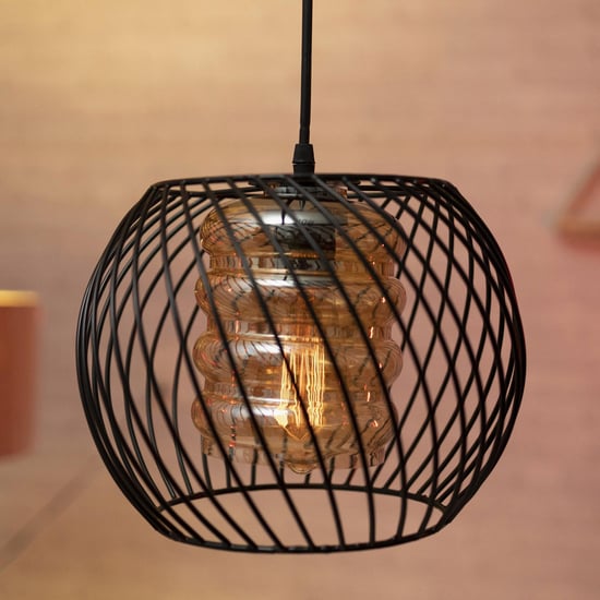 HOMESAKE Black Metal Cage Pendant Light With Glass Shade