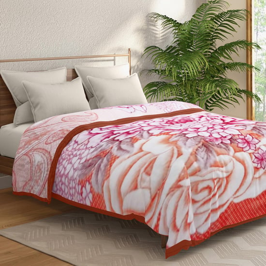 PORTICO Montana White and Red Printed Cotton Double Blanket - 210x240cm