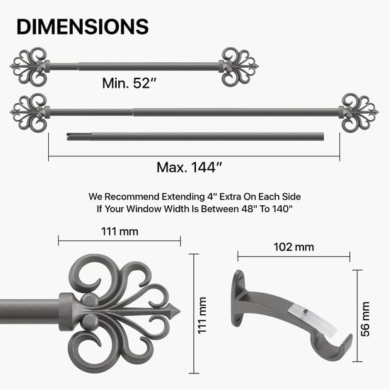DECO WINDOW Fashion Grey Metal Extendable Curtain Rod with Hooks - 144x12.5x7.5cm